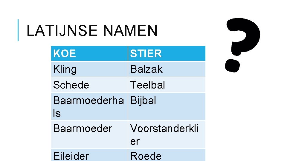 LATIJNSE NAMEN KOE Kling Schede Baarmoederha ls Baarmoeder Eileider STIER Balzak Teelbal Bijbal Voorstanderkli