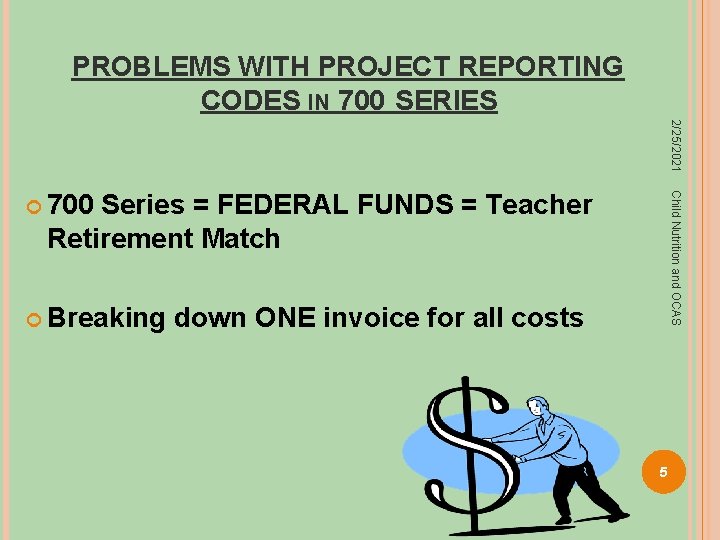 PROBLEMS WITH PROJECT REPORTING CODES IN 700 SERIES 2/25/2021 Series = FEDERAL FUNDS =