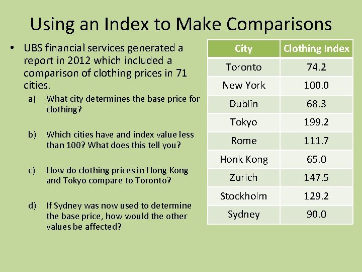 Using an Index to Make Comparisons • UBS financial services generated a report in
