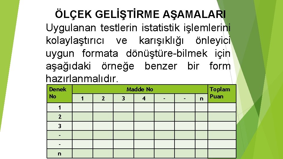 ÖLÇEK GELİŞTİRME AŞAMALARI Uygulanan testlerin istatistik işlemlerini kolaylaştırıcı ve karışıklığı önleyici uygun formata dönüştüre-bilmek