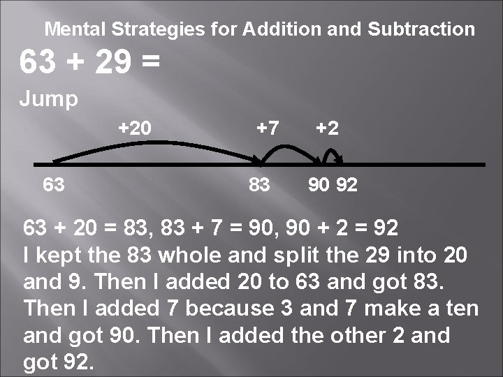 Mental Strategies for Addition and Subtraction 63 + 29 = Jump +20 63 +7