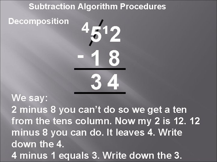 Subtraction Algorithm Procedures Decomposition 4 5¹ 2 -18 34 We say: 2 minus 8