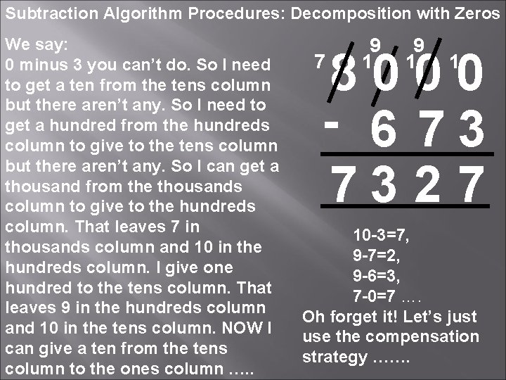 Subtraction Algorithm Procedures: Decomposition with Zeros We say: 0 minus 3 you can’t do.