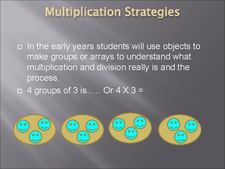 Multiplication Strategies In the early years students will use objects to make groups or