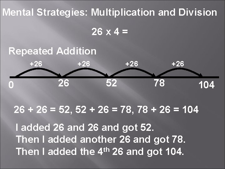 Mental Strategies: Multiplication and Division 26 x 4 = Repeated Addition +26 0 +26