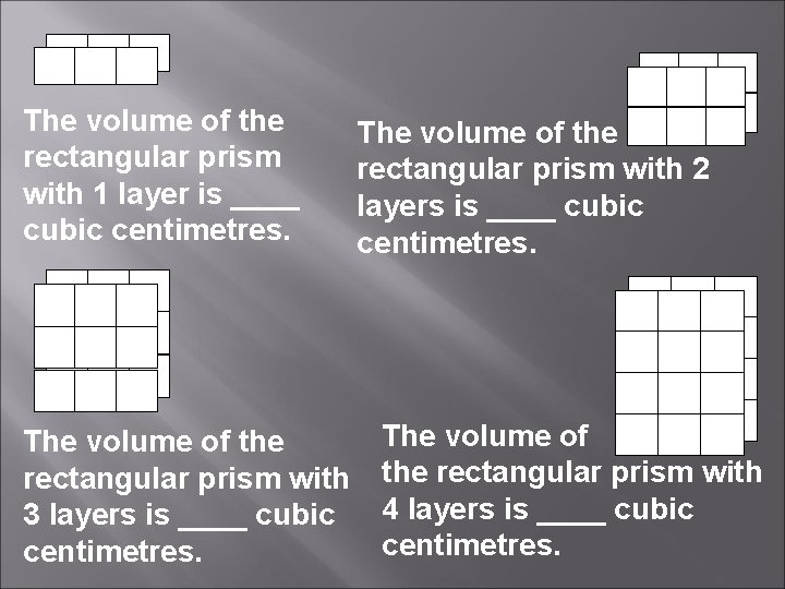 The volume of the rectangular prism with 1 layer is ____ cubic centimetres. The