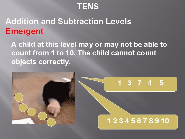 TENS Addition and Subtraction Levels Emergent A child at this level may or may