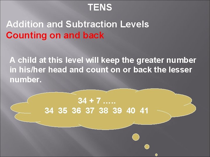 TENS Addition and Subtraction Levels Counting on and back A child at this level