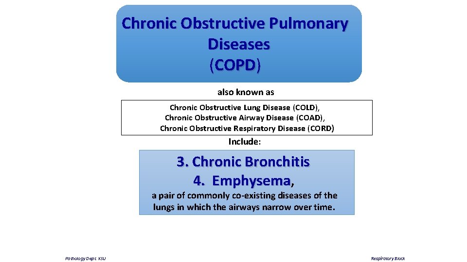 Chronic Obstructive Pulmonary Diseases (COPD) also known as Chronic Obstructive Lung Disease (COLD), Chronic