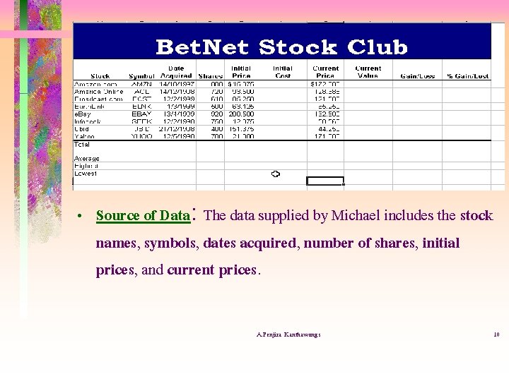  • Source of Data: The data supplied by Michael includes the stock names,