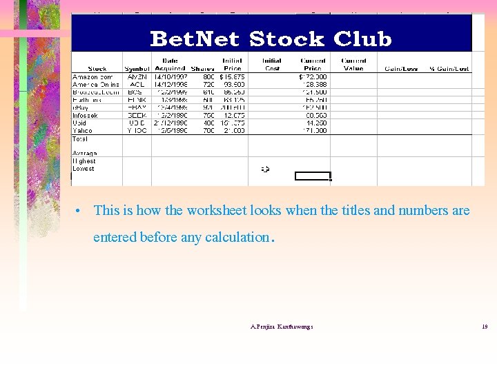  • This is how the worksheet looks when the titles and numbers are