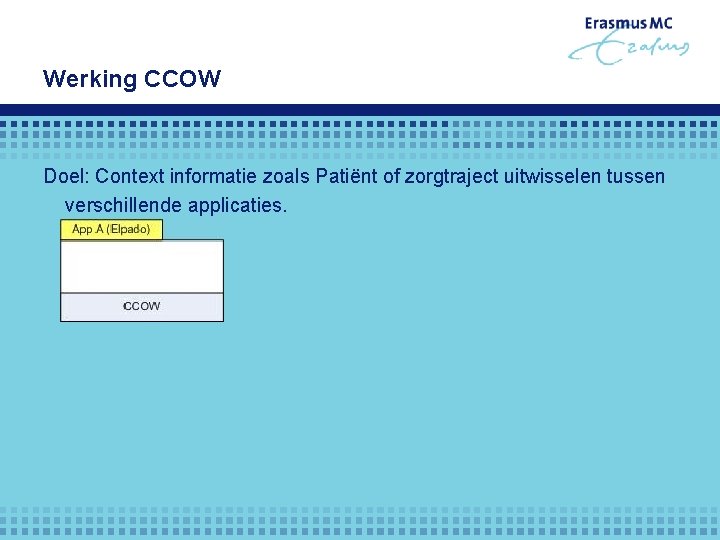 Werking CCOW Doel: Context informatie zoals Patiënt of zorgtraject uitwisselen tussen verschillende applicaties. 