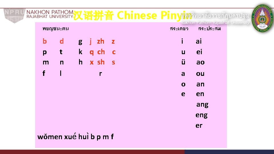 汉语拼音 Chinese Pinyin พยญชนะตน b p m f d t n l สระเดยว g