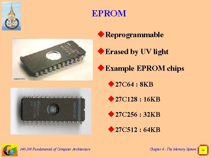 EPROM u. Reprogrammable u. Erased by UV light u. Example EPROM chips u 27