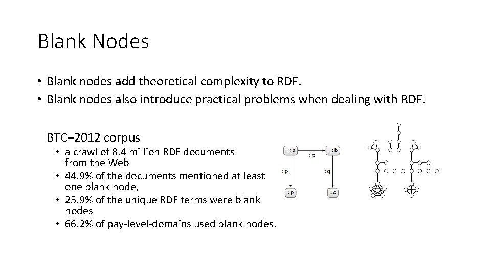 Blank Nodes • Blank nodes add theoretical complexity to RDF. • Blank nodes also