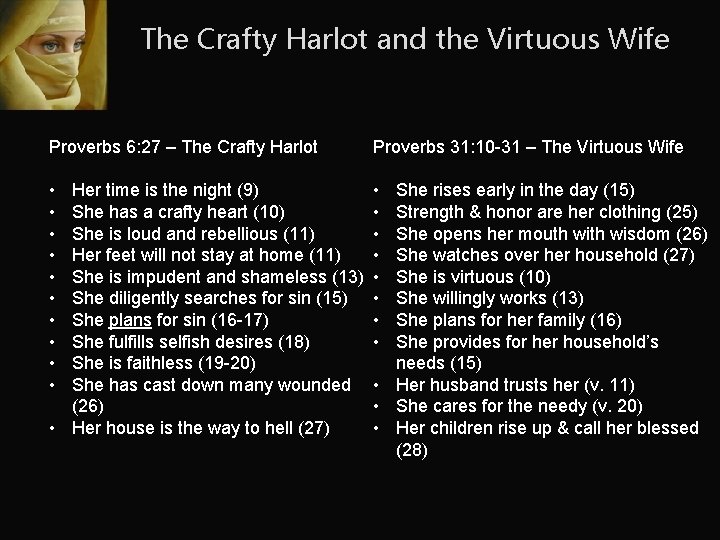 The Crafty Harlot and the Virtuous Wife Proverbs 6: 27 – The Crafty Harlot