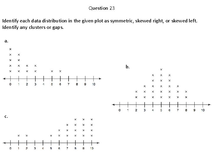 Question 23 Identify each data distribution in the given plot as symmetric, skewed right,