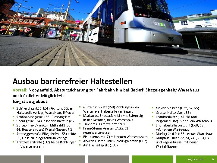 Ausbau barrierefreier Haltestellen Vorteil: Noppenfeld, Absturzsicherung zur Fahrbahn hin bei Bedarf, Sitzgelegenheit/Wartehaus nach örtlicher