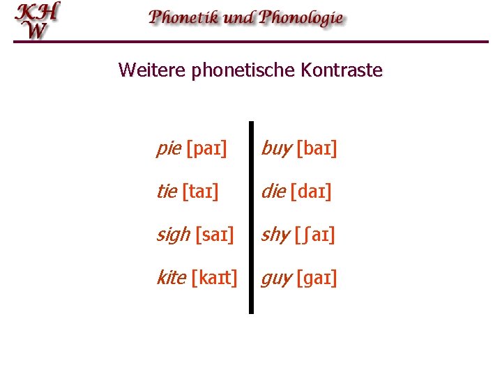 Weitere phonetische Kontraste pie [paɪ] buy [baɪ] tie [taɪ] die [daɪ] sigh [saɪ] shy