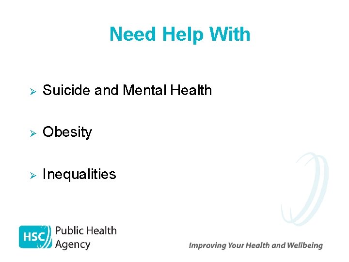 Need Help With Ø Suicide and Mental Health Ø Obesity Ø Inequalities 