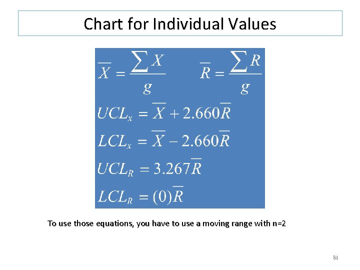 Chart for Individual Values To use those equations, you have to use a moving Chart for Individual Values To use those equations, you have to use a moving