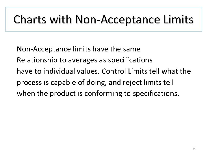 Charts with Non-Acceptance Limits Non-Acceptance limits have the same Relationship to averages as specifications Charts with Non-Acceptance Limits Non-Acceptance limits have the same Relationship to averages as specifications