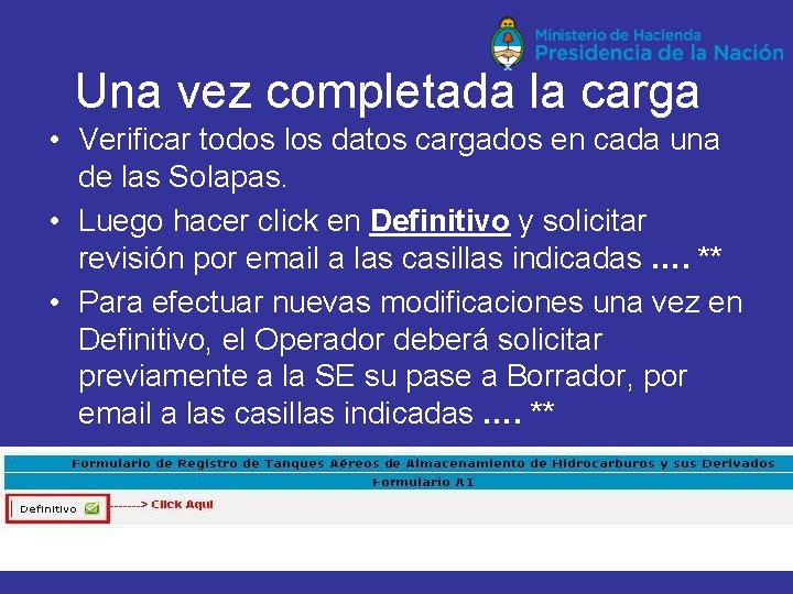 Una vez completada la carga • Verificar todos los datos cargados en cada una