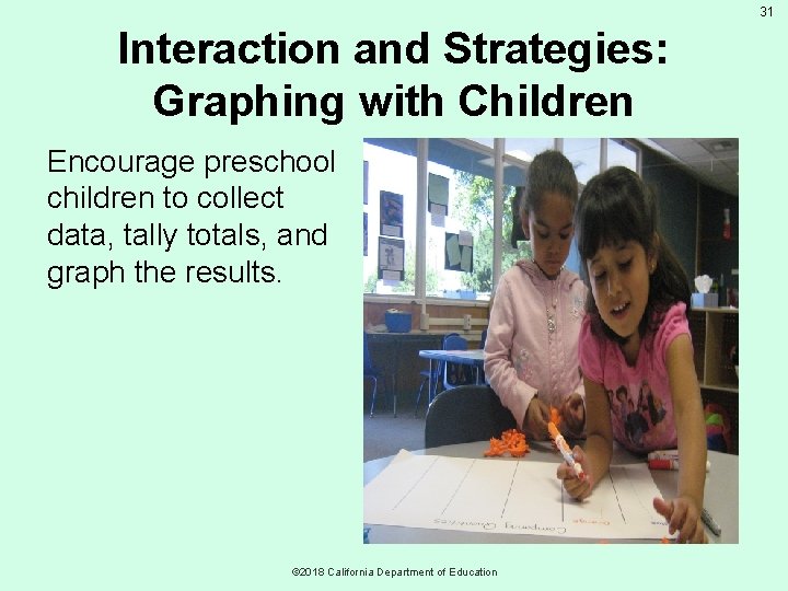 31 Interaction and Strategies: Graphing with Children Encourage preschool children to collect data, tally