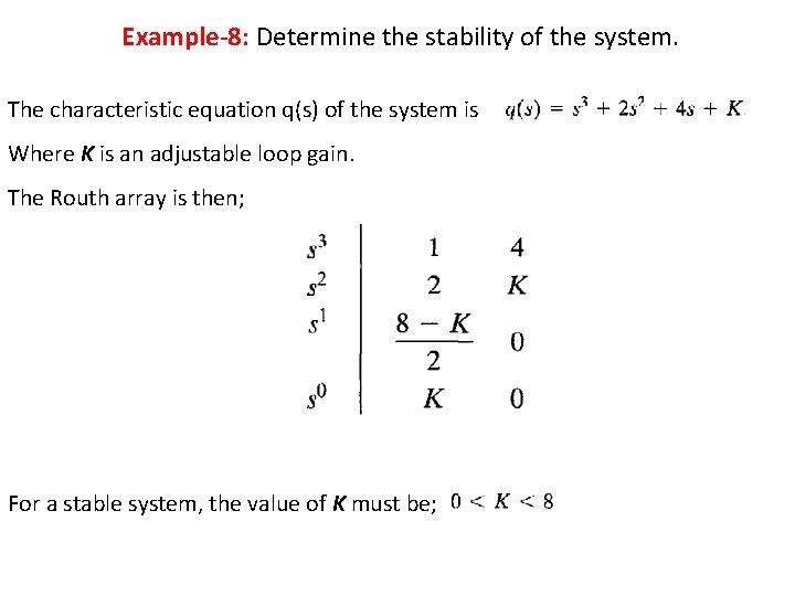 Example-8: Determine the stability of the system. The characteristic equation q(s) of the system