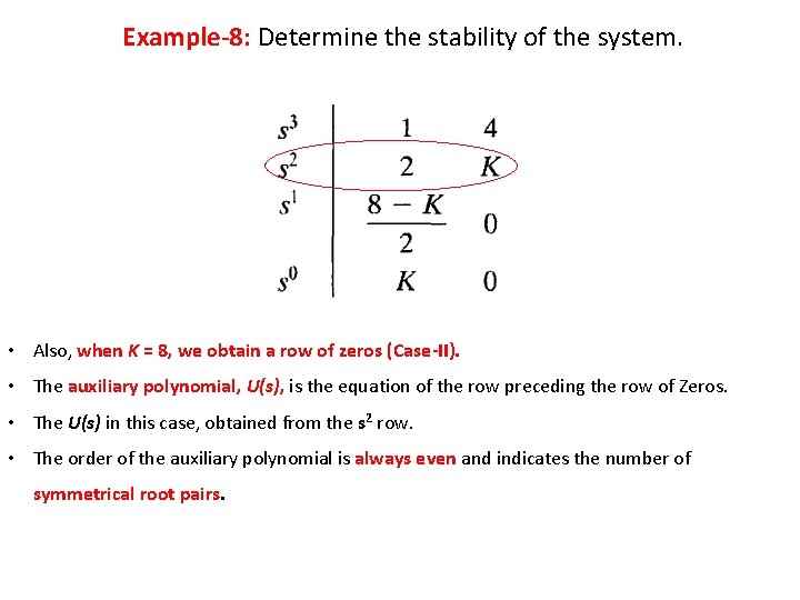 Example-8: Determine the stability of the system. • Also, when K = 8, we