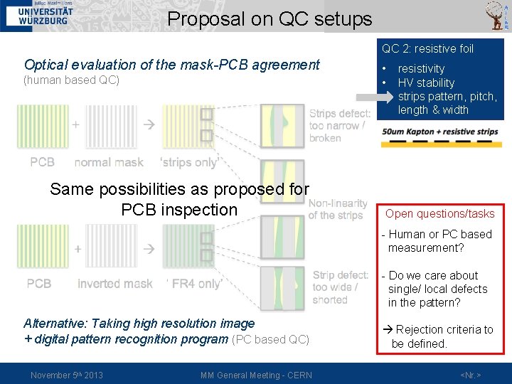 Proposal on QC setups QC 2: resistive foil Optical evaluation of the mask-PCB agreement