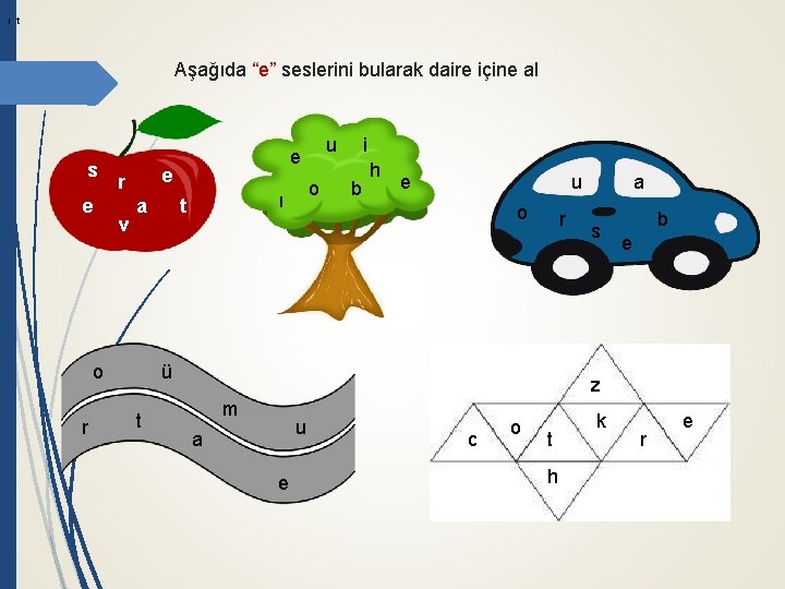 ı t Aşağıda “e” seslerini bularak daire içine al s e e r v