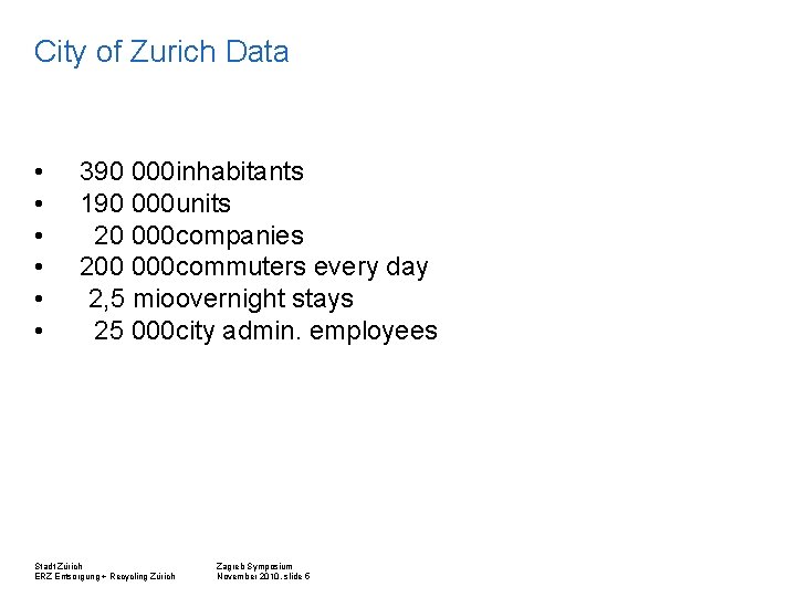 City of Zurich Data • • • 390 000 inhabitants 190 000 units 20