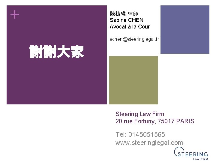 + 陳秫權 律師 Sabine CHEN Avocat à la Cour schen@steeringlegal. fr 謝謝大家 Steering Law