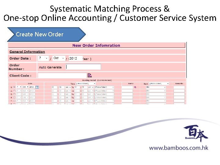 Systematic Matching Process & One-stop Online Accounting / Customer Service System Create New Order