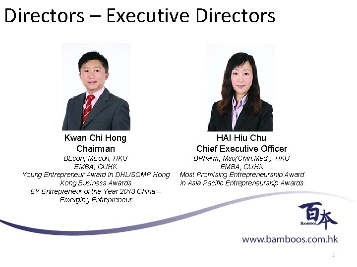 Directors – Executive Directors Kwan Chi Hong Chairman HAI Hiu Chief Executive Officer BEcon,