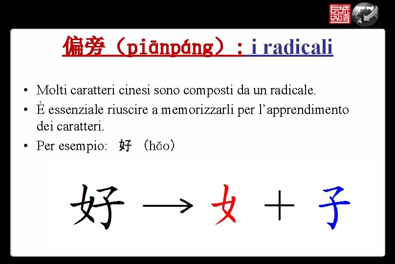 偏旁（piānpáng）: i radicali • Molti caratteri cinesi sono composti da un radicale. • È