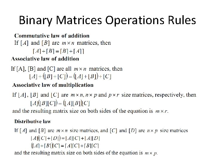 Binary Matrices Operations Rules 