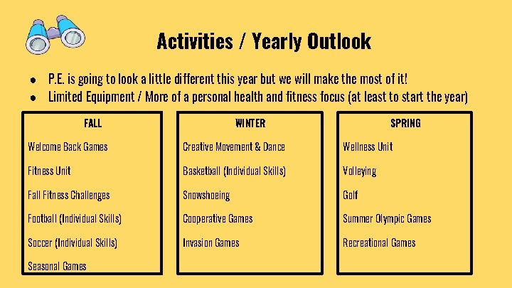 Activities / Yearly Outlook ● P. E. is going to look a little different