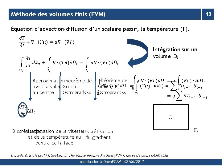 Méthode des volumes finis (FVM) 13 Équation d’advection-diffusion d’un scalaire passif, la température (T).