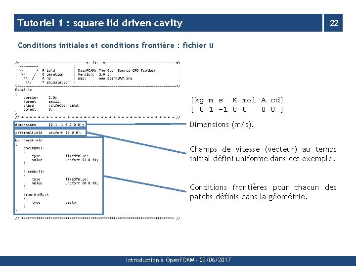 Tutoriel 1 : square lid driven cavity 22 Conditions initiales et conditions frontière :