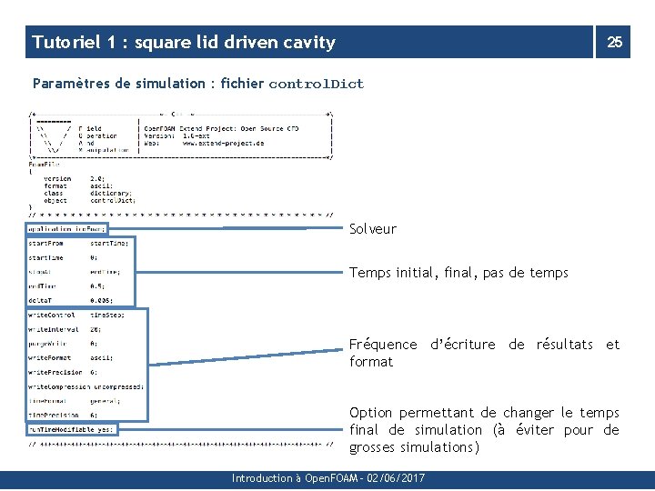 Tutoriel 1 : square lid driven cavity 25 Paramètres de simulation : fichier control.