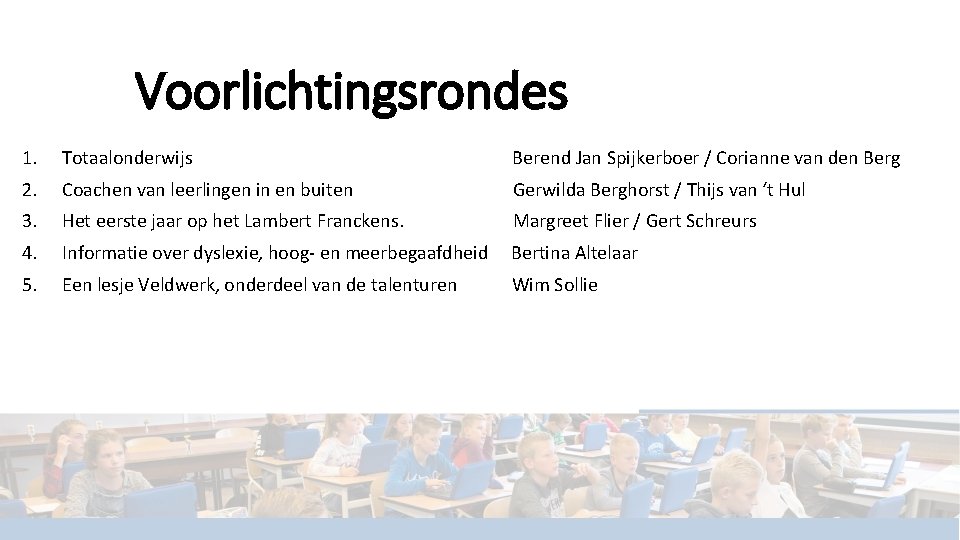 Voorlichtingsrondes 1. Totaalonderwijs Berend Jan Spijkerboer / Corianne van den Berg 2. Coachen van