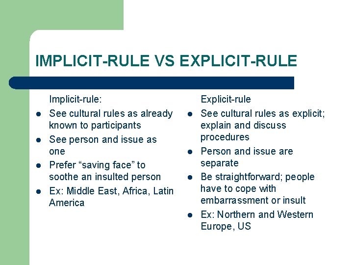 IMPLICIT-RULE VS EXPLICIT-RULE l l Implicit-rule: See cultural rules as already known to participants