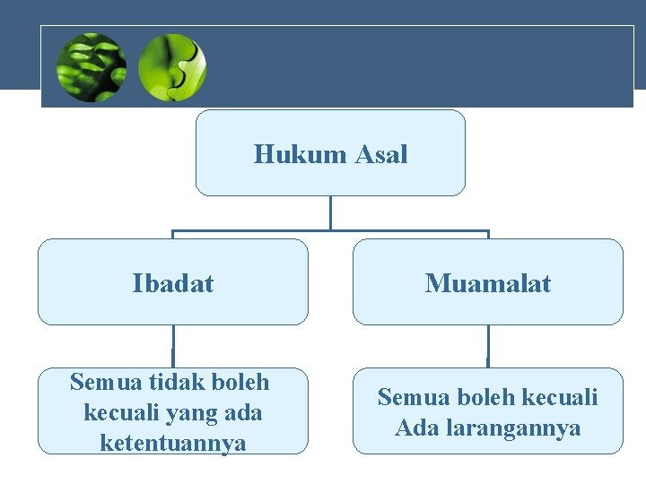 Hukum Asal Ibadat Muamalat Semua tidak boleh kecuali yang ada ketentuannya Semua boleh kecuali