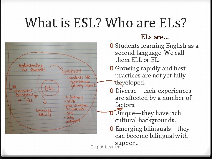 What is ESL? Who are ELs? ELs are… 0 Students learning English as a