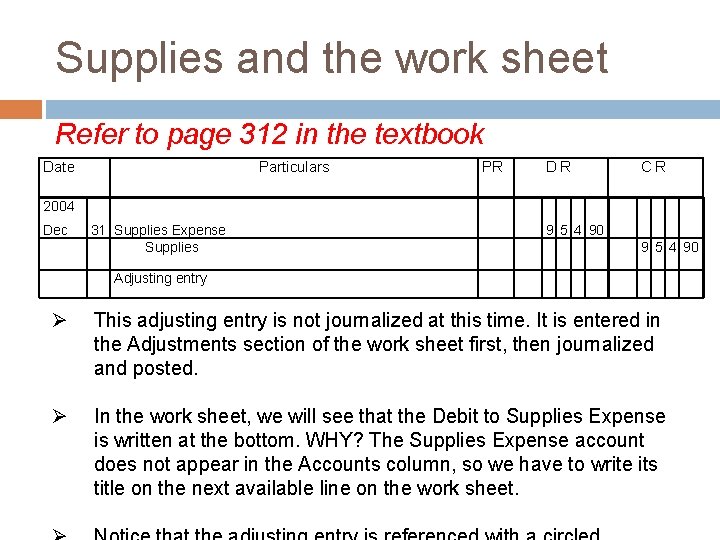 Supplies and the work sheet Refer to page 312 in the textbook Date Particulars
