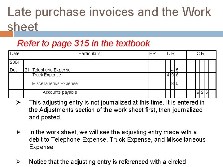 Late purchase invoices and the Work sheet Refer to page 315 in the textbook