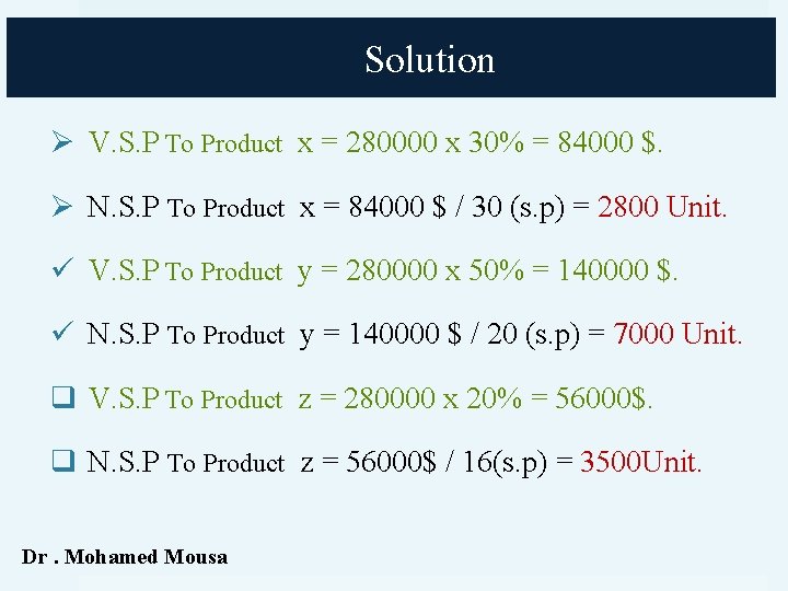 Solution Ø V. S. P To Product x = 280000 x 30% = 84000