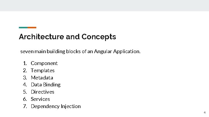 Architecture and Concepts seven main building blocks of an Angular Application. 1. 2. 3.